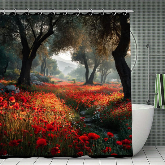 Poppies in Forest Waterproof Polyester Shower Curtain – Made in the USA – 70.8x70.8”