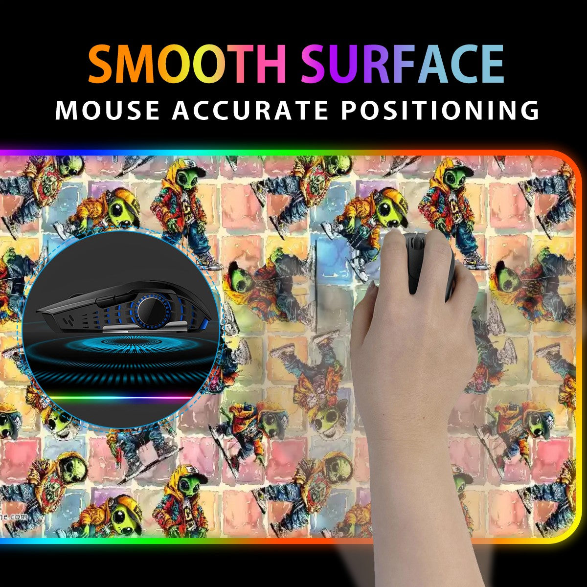 6 Alien Designs, Wireless Charging Gaming Mouse Pads / Mat With Lights - 2 Sizes