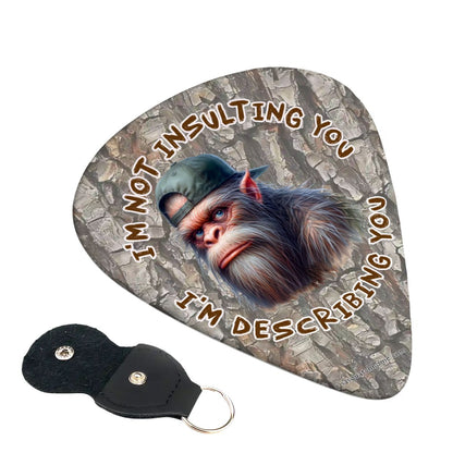 6 Guitar Picks with Keychain Snap Pick Wallet- Bigfoot Sasquatch "I'm not insulting..."  – 3 Thicknesses