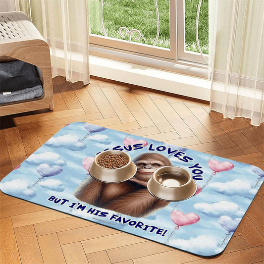 Bigfoot / Sasquatch, "Jesus Loves You...", Waterproof Pet Food Mat