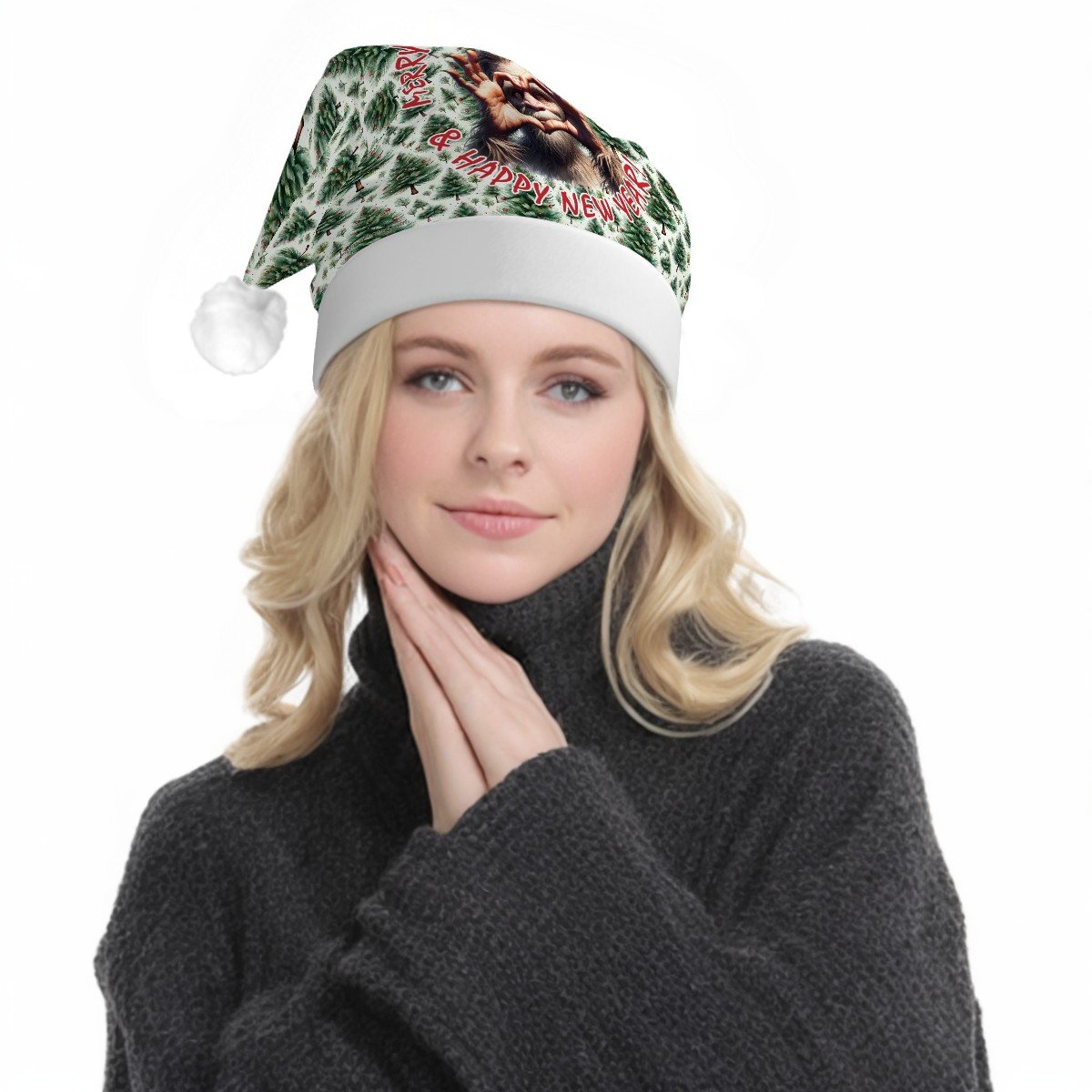 Bigfoot Sasquatch Heart Hands "Merry Christmas..", Adult Plush Santa Hat with Light