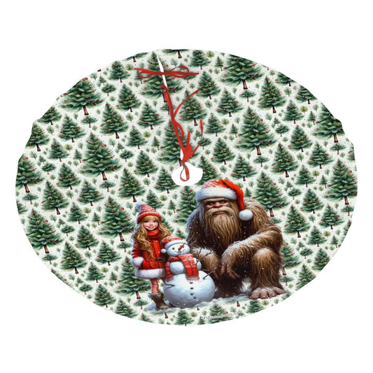 Sasquatch Santa Bigfoot w Girl, Plush Christmas Tree Skirt – 3 Sizes