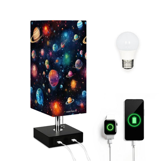 12 Galaxy / Outer Space, Square Table Lamp with USB Ports, Charger
