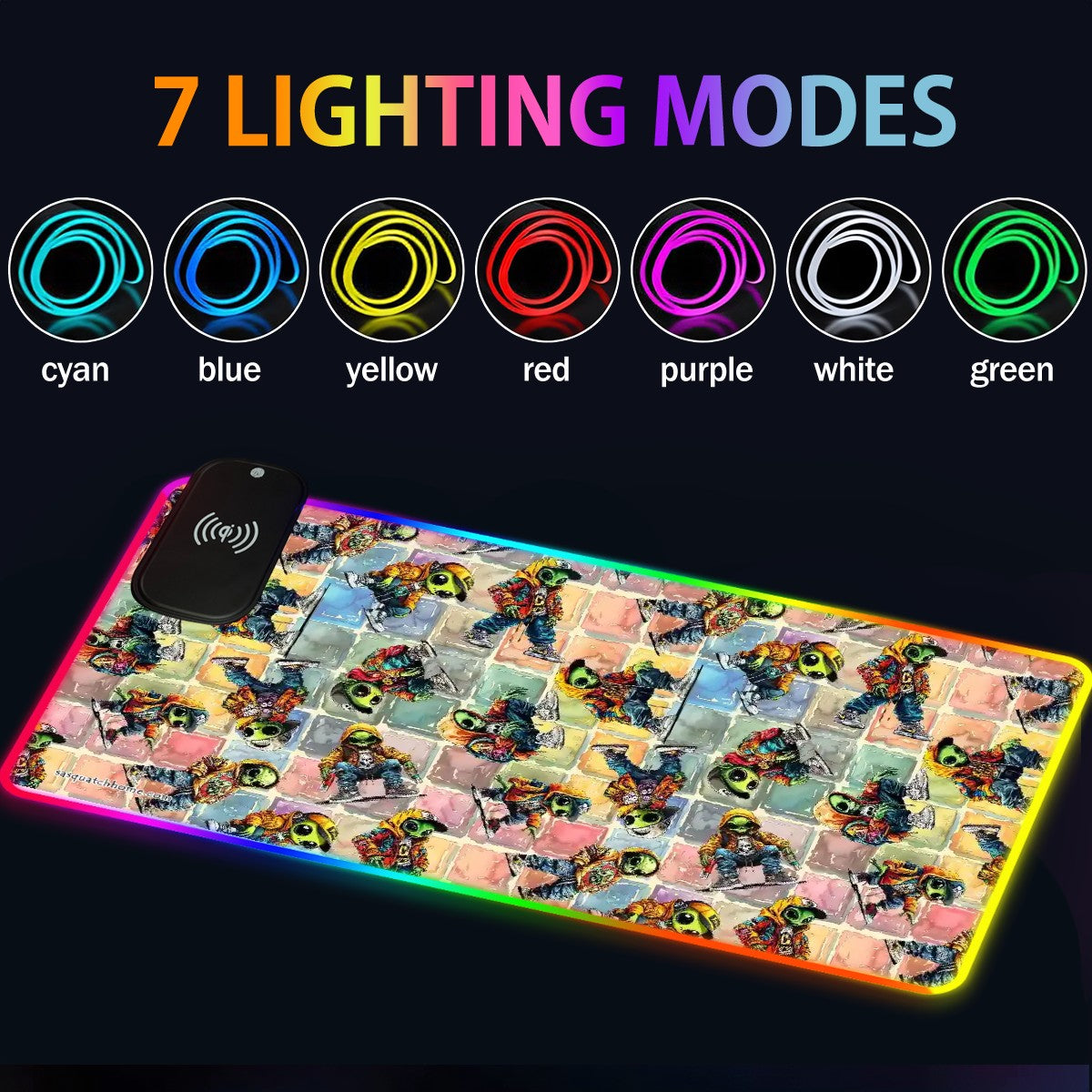 6 Alien Designs, Wireless Charging Gaming Mouse Pads / Mat With Lights - 2 Sizes