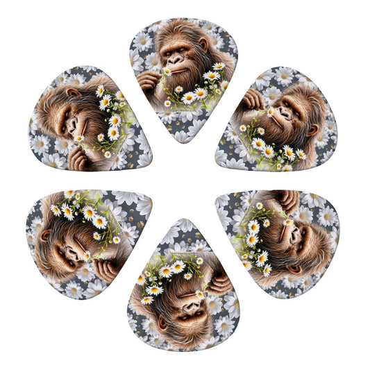 6 Guitar Picks with Keychain Snap Pick Wallet- Daisies Bigfoot Sasquatch  – 3 Thicknesses