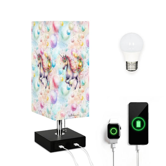 Unicorns & Bubbles, Square Table Lamp with USB Ports, Charger