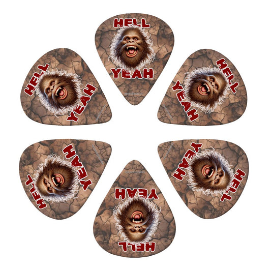 6 Guitar Picks with Keychain Snap Pick Wallet- Bigfoot Sasquatch "Hell Yeah"  – 3 Thicknesses