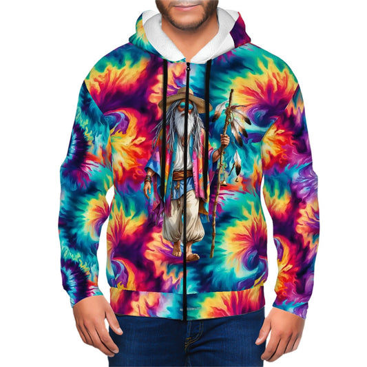 Hippie Man on Tie Dye, Adult Zip Up Hoodie