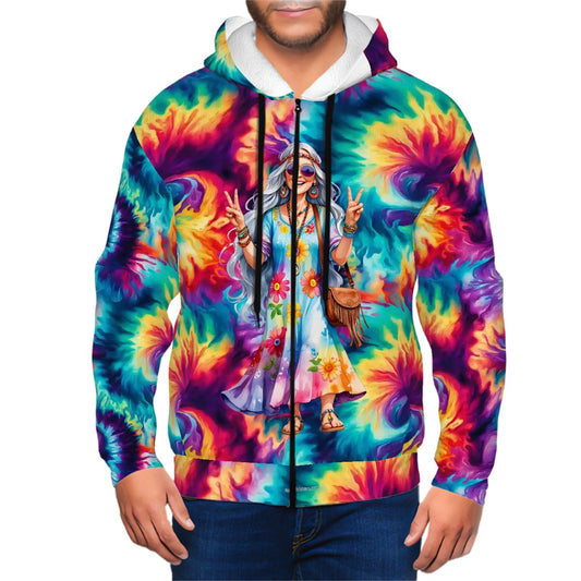 Hippie Lady on Tie Dye, Adult Zip Up Hoodie