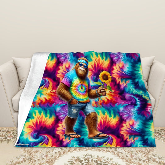 Hippie Bigfoot / Sasquatch on Tie Dye, Soft Flannel Blanket
