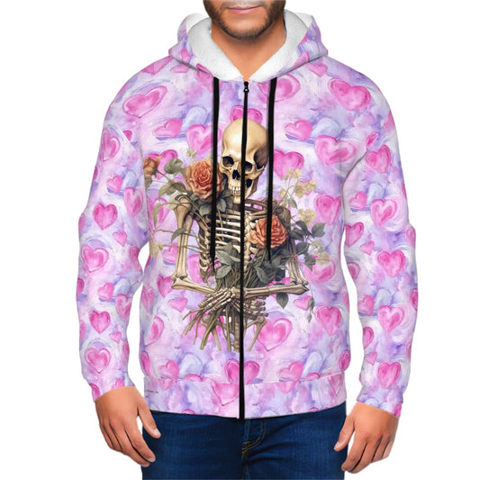 Skulls & Roses on Hearts, Adult Zip Up Hoodie