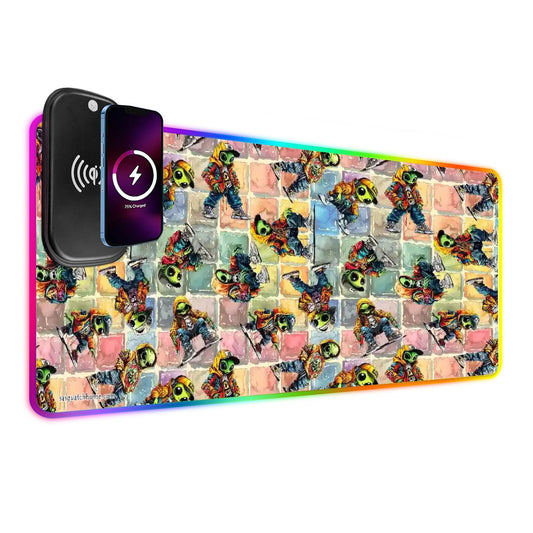 6 Alien Designs, Wireless Charging Gaming Mouse Pads / Mat With Lights - 2 Sizes