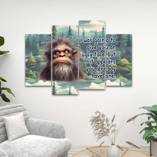 Sarcastic Sasquatch "ugly face", 4 Panels Canvas Prints Wall Art -  Set C