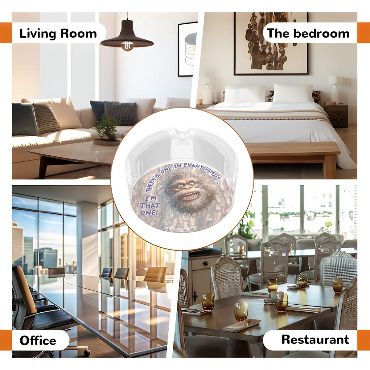 3 .3" Round, Lead Free Glass Ashtray - Bigfoot, Sasquatch "There's One In Every Family"