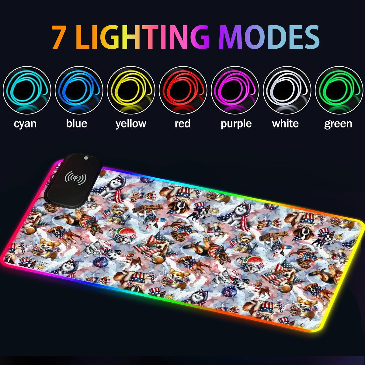 8 Patriot Designs, Wireless Charging Gaming Mouse Pads / Mat With Lights - 2 Sizes