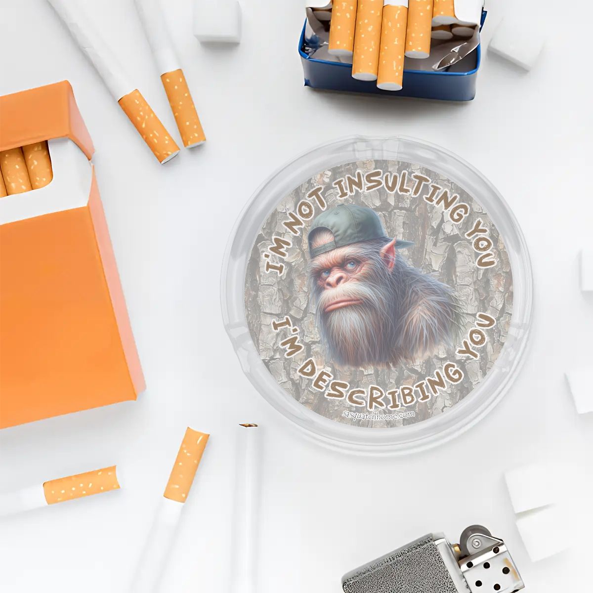 3 .3" Round, Lead Free Glass Ashtray - Bigfoot, Sasquatch "I'm not insulting you..."