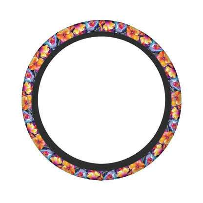 Hawaiian Flowers, Rugged Auto Steering Wheel Cover - 15"