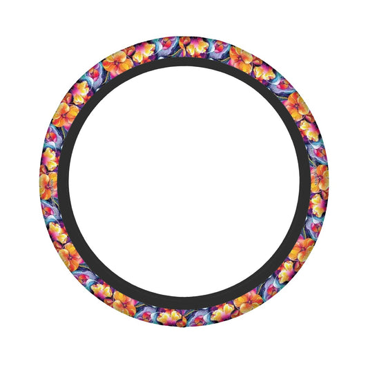 Hawaiian Flowers, Rugged Auto Steering Wheel Cover - 15"
