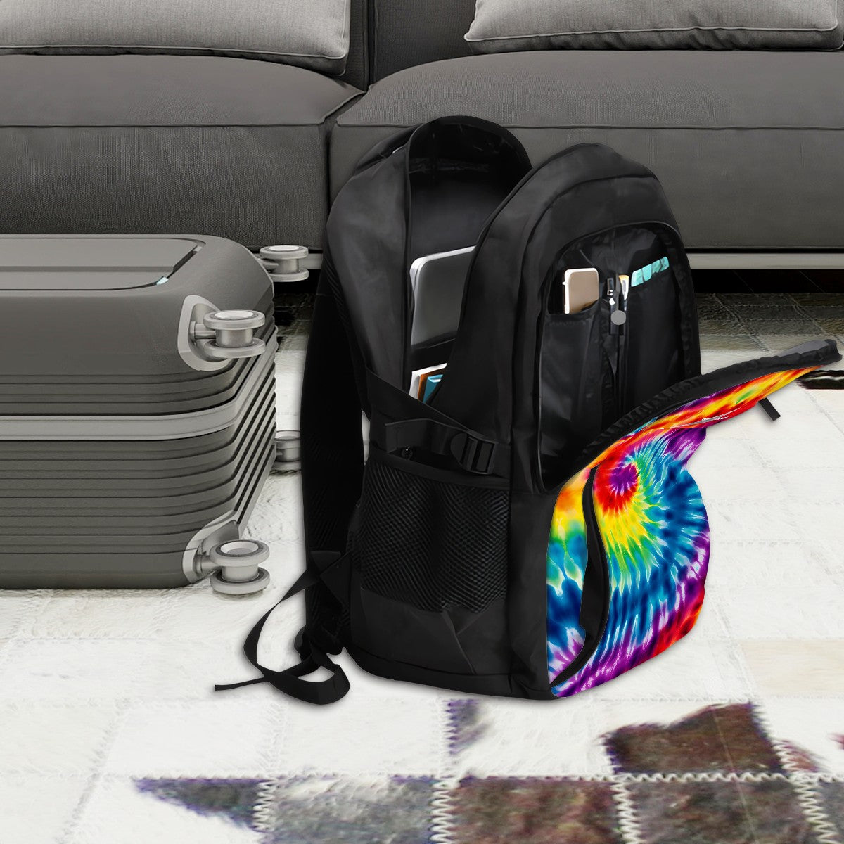 19 Tie Dye Designs, Large Capacity, Oxford Travel, Laptop Bag with USB Charger