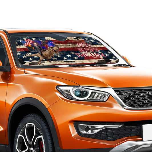 Donald Trump on TRex, "God bless the USA", Auto Car Windshield Sun Shade