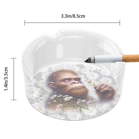 3 .3" Round, Lead Free Glass Ashtray - Sasquatch, Bigfoot, Daisies