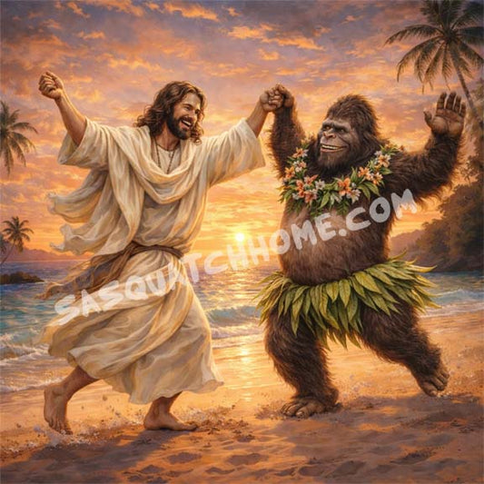 Jesus Dancing With Sasquatch on Beach Digital Download