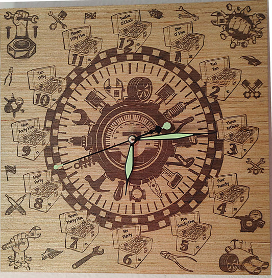 Hand Made Wood, Laser Etched Mechanic Clock, 12" x 12"