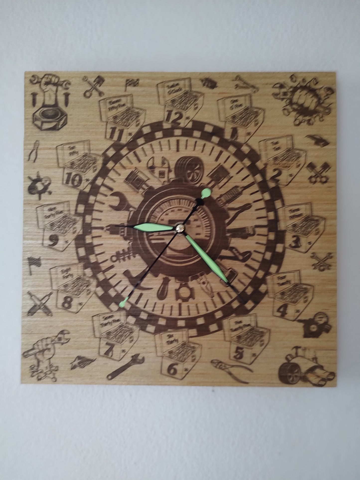 Hand Made Wood, Laser Etched Mechanic Clock, 12" x 12"