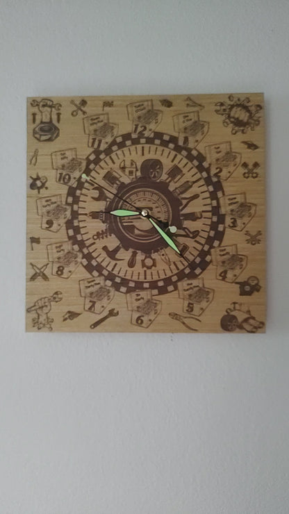 Hand Made Wood, Laser Etched Mechanic Clock, 12" x 12"