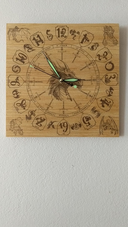 Hand Made Wood, Laser Etched Dragon Clock, 12" x 12"