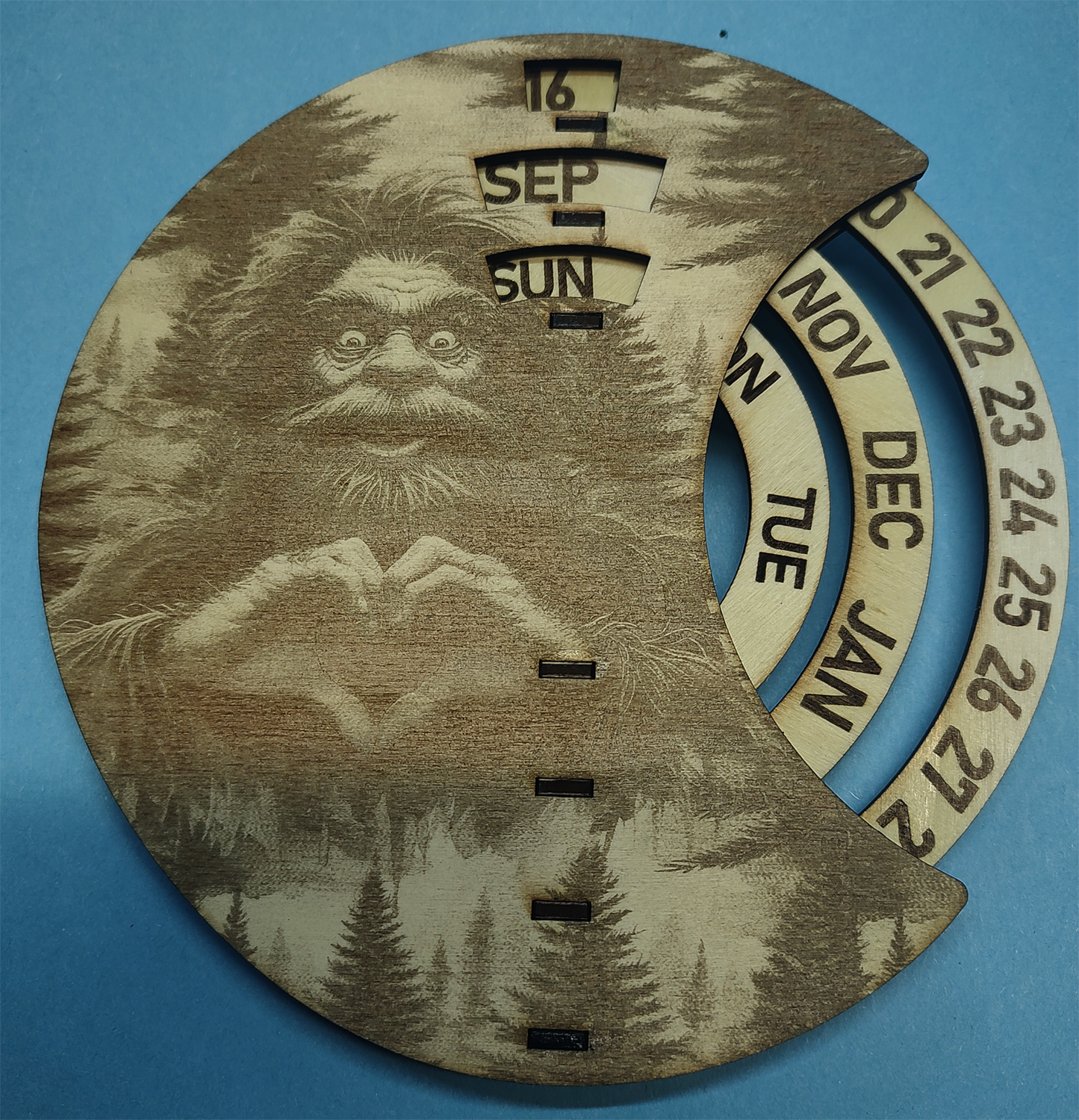 Hand Made Wood, Bigfoot, Sasquatch, Heart Hands Wall Calendar + Lifetime Gift!