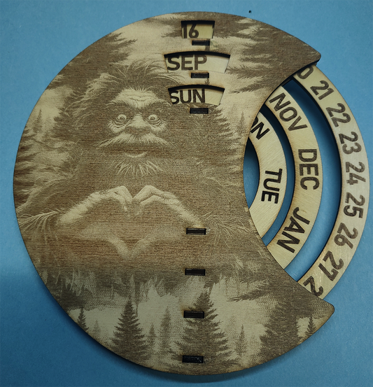 Hand Made Wood, Bigfoot, Sasquatch, Heart Hands Wall Calendar + Lifetime Gift!