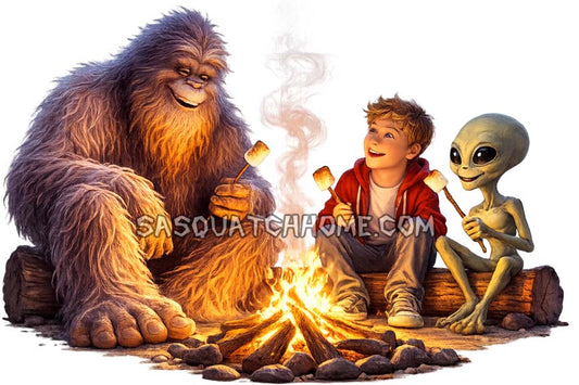 Alien, Boy & Sasquatch by Fire